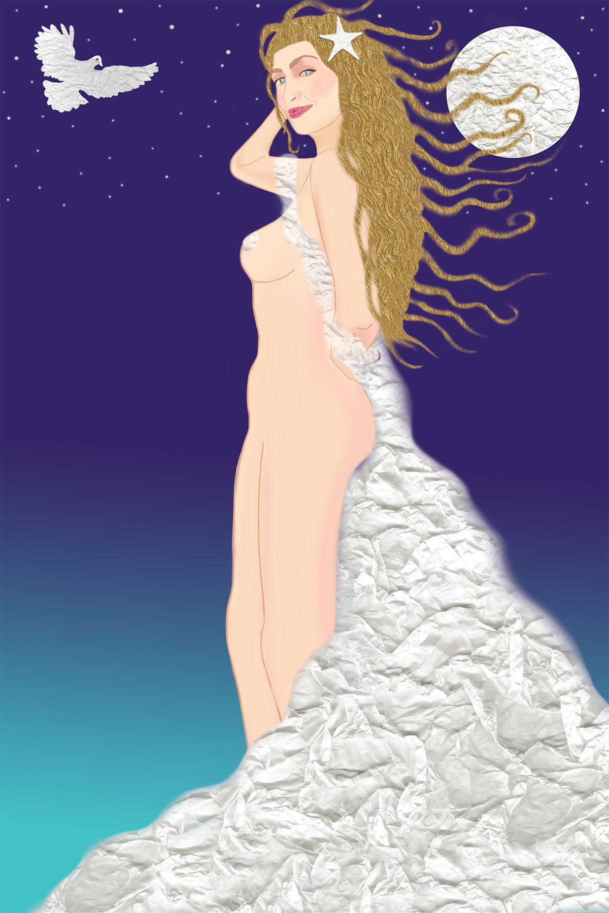 Aphrodite with white dove and moon in the background - Vibrant Digital Collage with handcrafted Paper textures - Paper Art