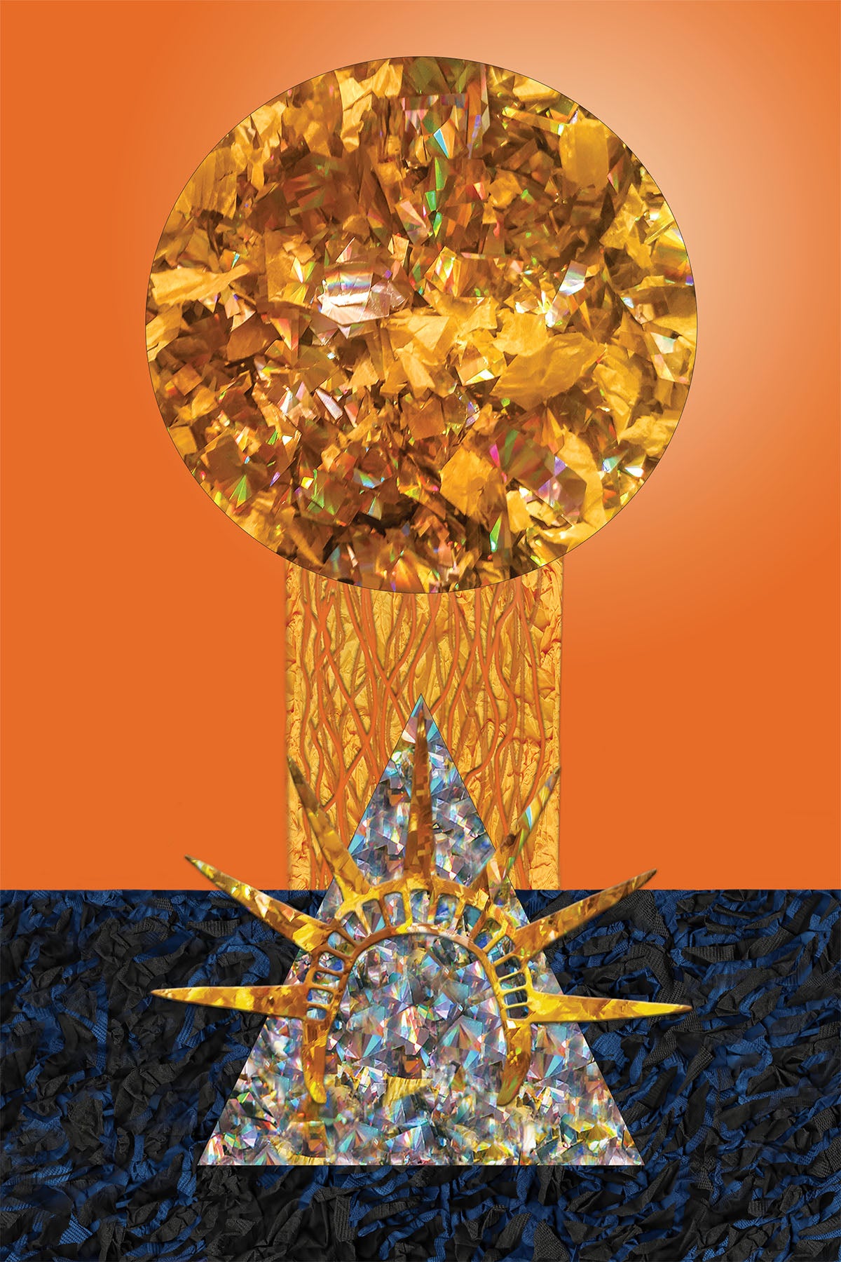 Surrealist Papers Textures Collage with a Golden Circle , a Metallic Blue Triangle with the Crown of Libertas on top - Orange Gradient background -
