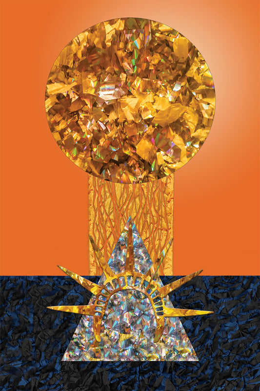 Surrealist Papers Textures Collage with a Golden Circle , a Metallic Blue Triangle with the Crown of Libertas on top - Orange Gradient background -