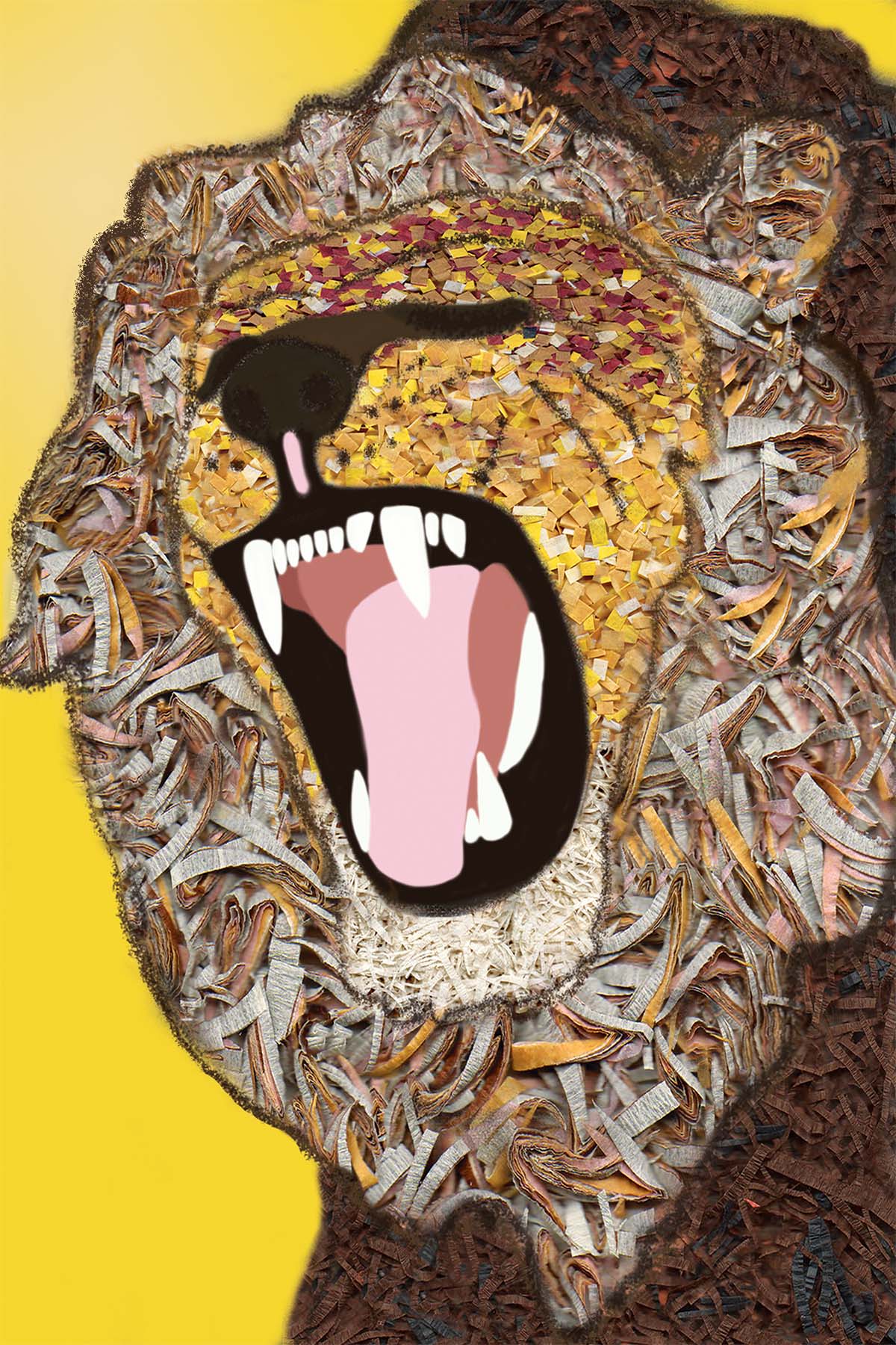Lion - Vibrant Digital Collage with  handcrafted Paper textures - Circue Collection by Nathalie Boyer