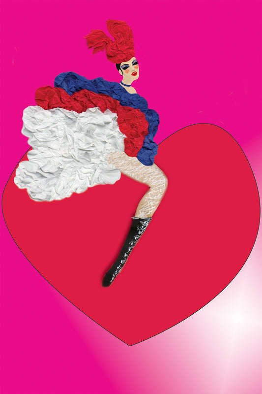 Cancan Dancer riding a Valentine Heart - Vibrant Digital Collage with handcrafted paper textures - La Cancan by Nathalie Boyer