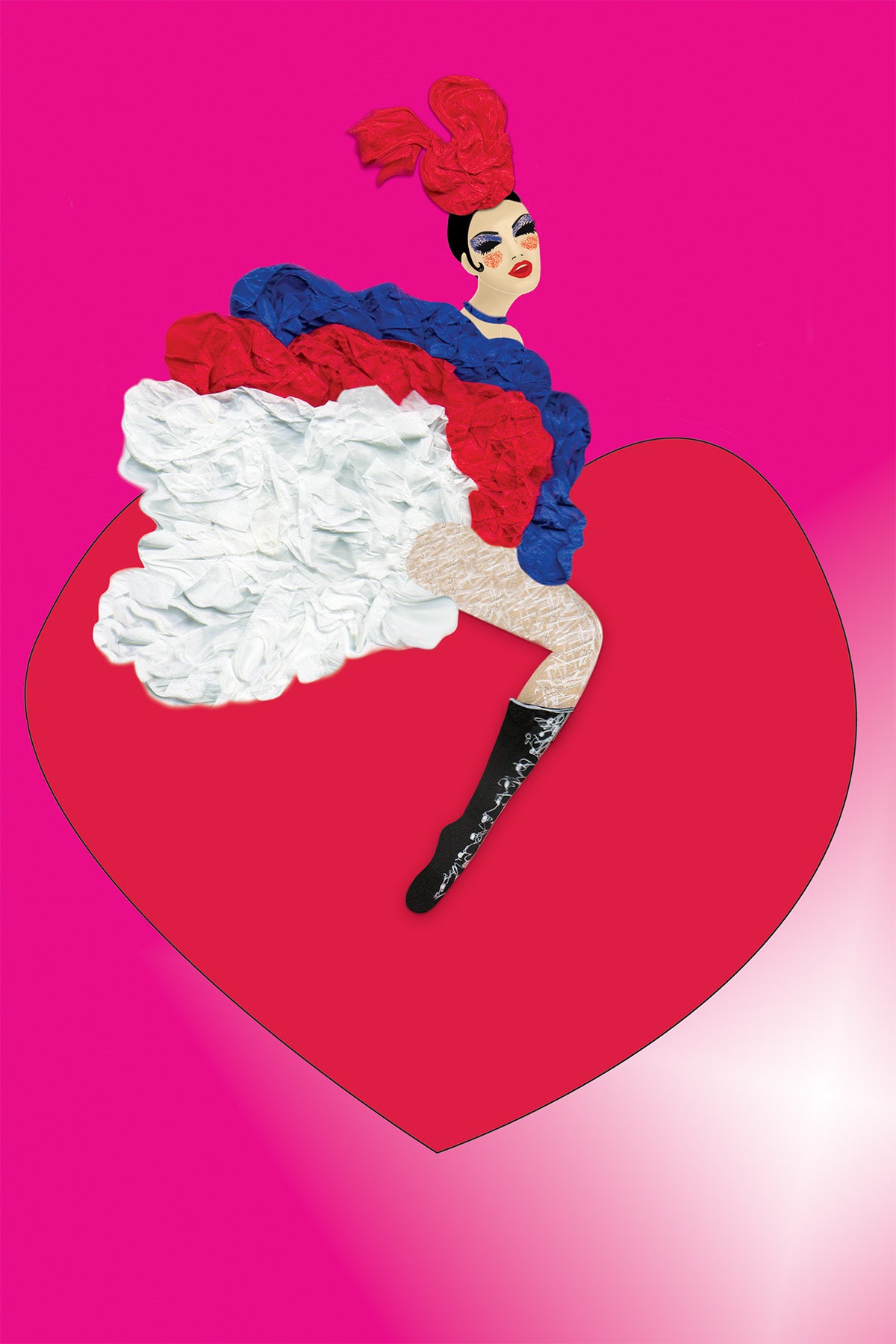Festive Cancan in a Paper dress riding a Valentine Heart on Pink Background- Digital Collage -