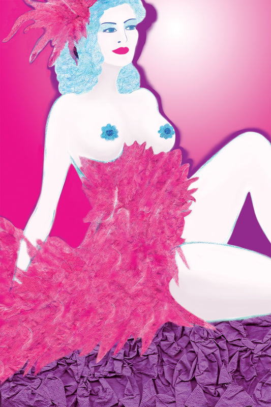 Cabaret Dancer in Pink Costume - Vibrant Digital Collage with handcrafted Paper textures - Sketch of Feminine Figure -