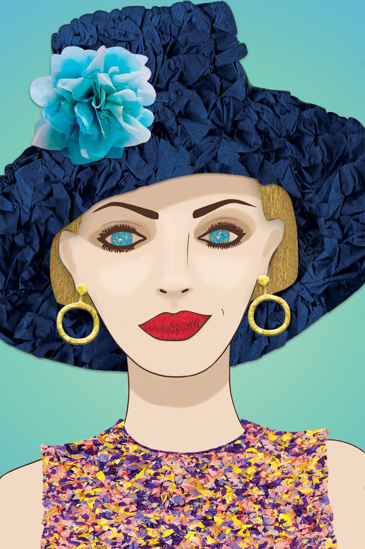 Woman with Blue Hat - Vibrant Digital Collage with handcrafted Paper flower and textures - Paper Hat - Paper Art -