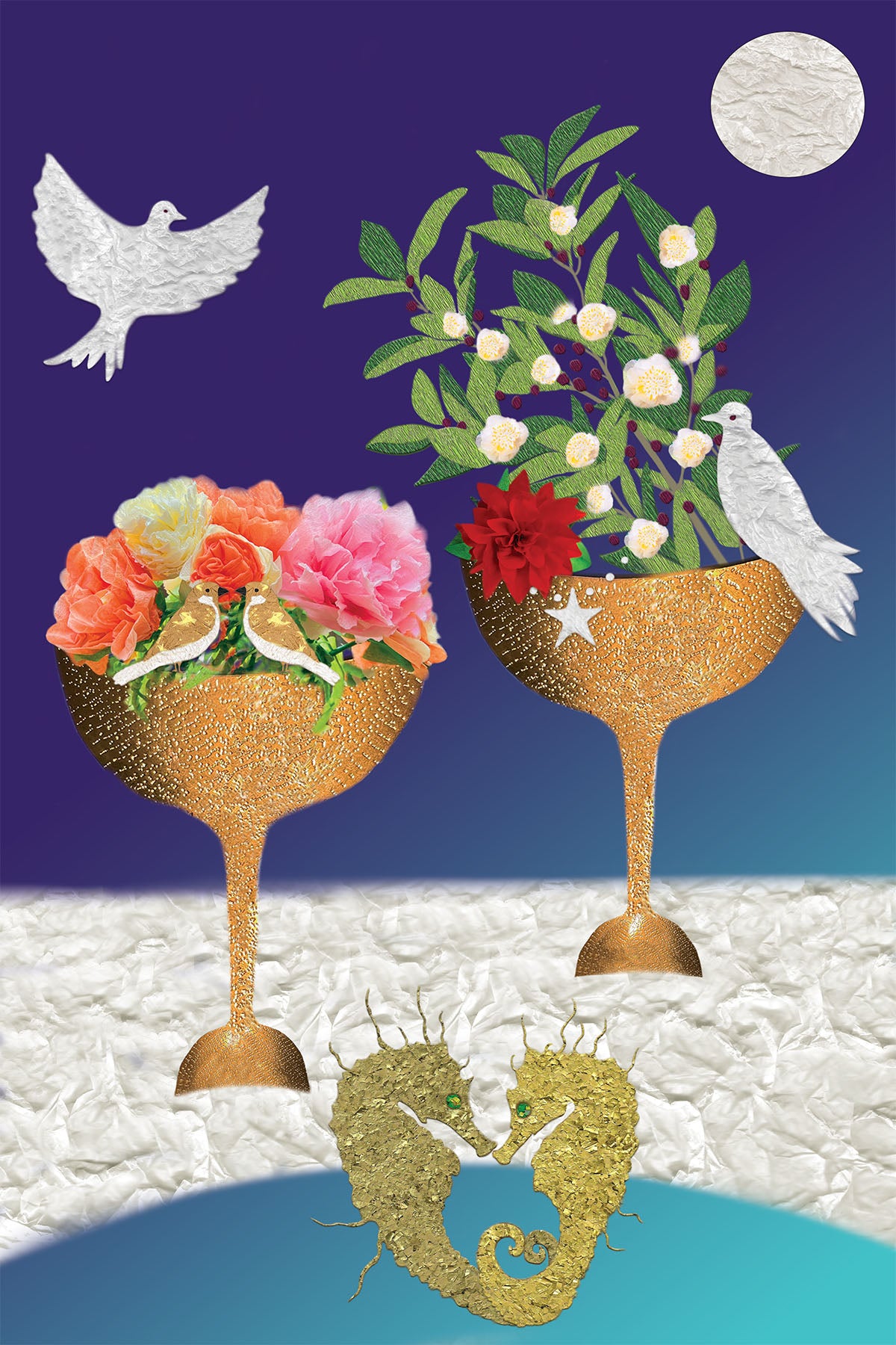 Surrealist Digital Paper Collage with 2 gold Calices filled with flowers, 2 doves, and 2 Loving SeaHorse on a Blue background -