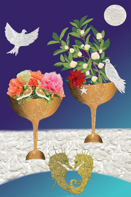 Surrealist Digital Paper Collage with 2 gold Calices filled with flowers, 2 doves, and 2 Loving SeaHorse on a Blue background -