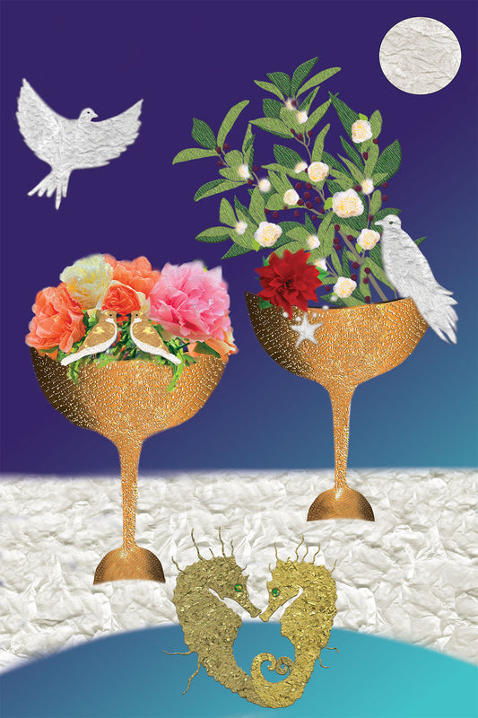 Waiting for Aphrodite - Vibrant Digital Collage with handcrafted Paper flowers and textures - 2 of Cups with birds - Hippocampus -