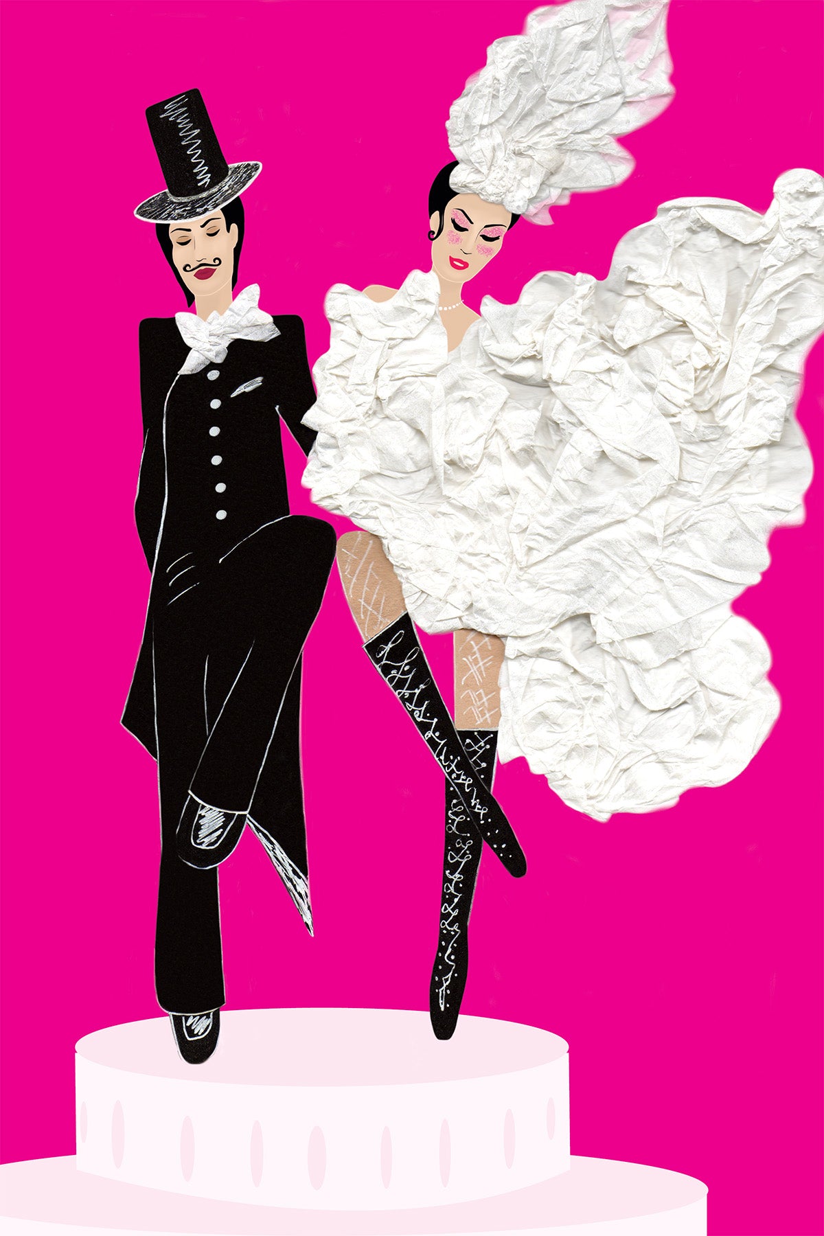 Wedding Cancan with a groom in a black suit and top hat and a Bride  in a white Paper dress on a pink background.